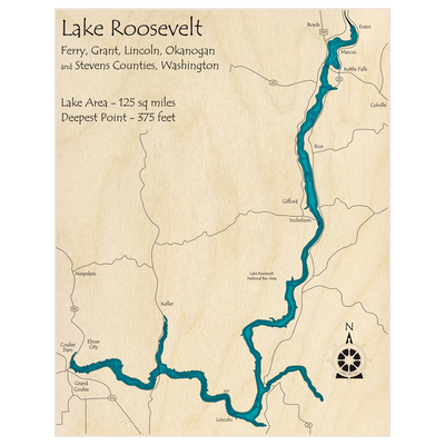 Bathymetric topo map of Lake Roosevelt with roads, towns and depths noted in blue water