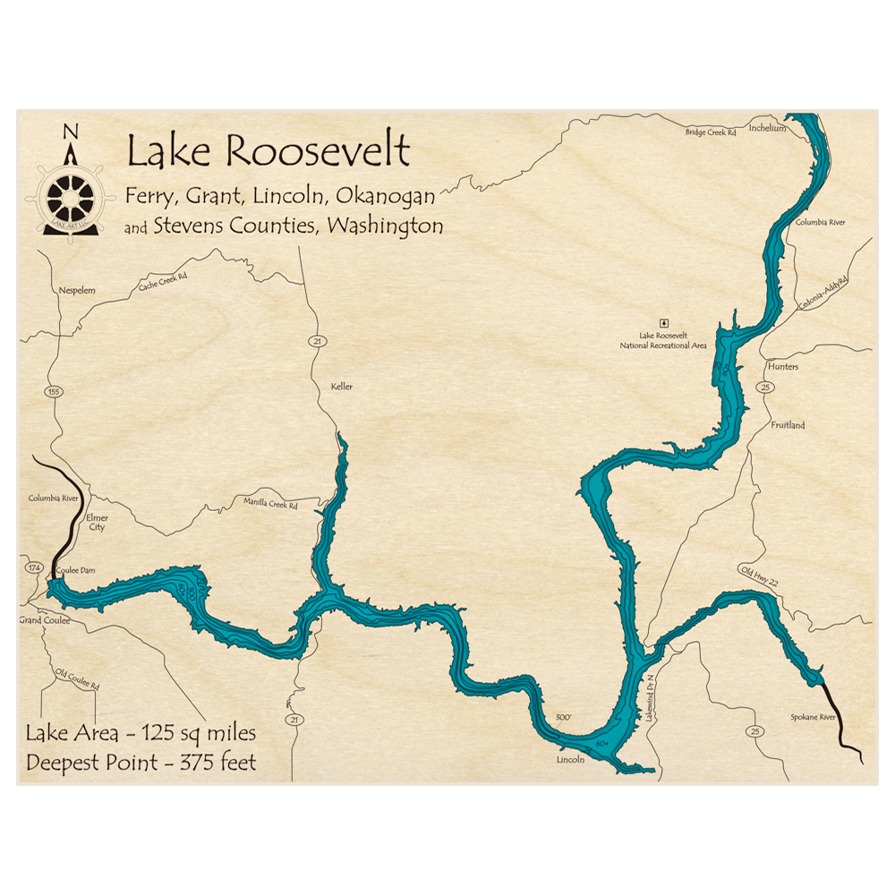 Bathymetric topo map of Lake Roosevelt (Lower Section) with roads, towns and depths noted in blue water