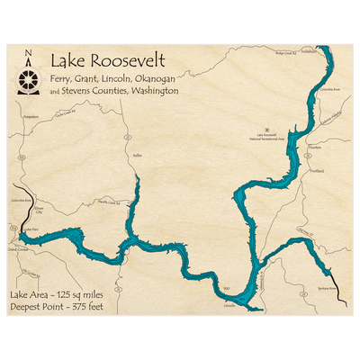 Bathymetric topo map of Lake Roosevelt (Lower Section) with roads, towns and depths noted in blue water