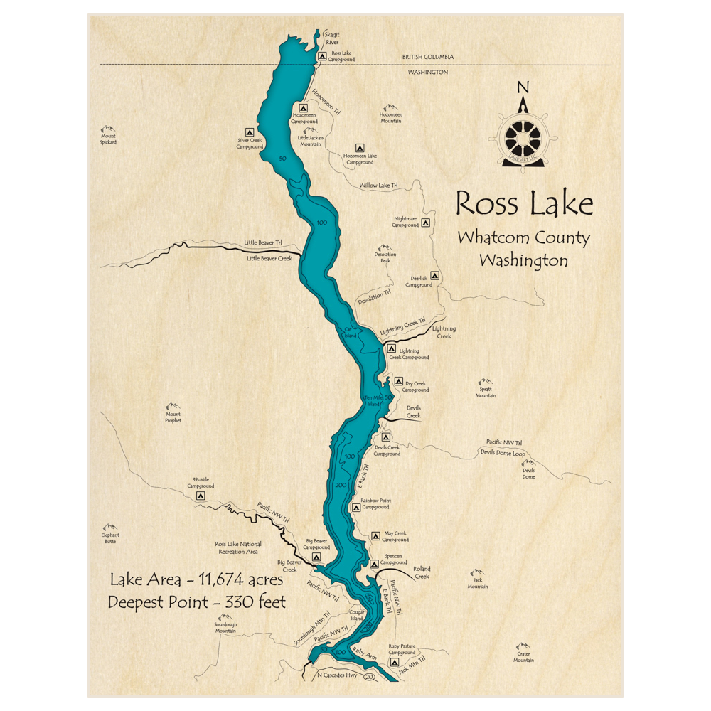 Bathymetric topo map of Ross Lake with roads, towns and depths noted in blue water