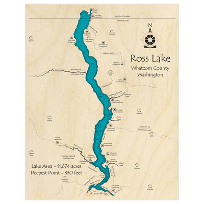 Bathymetric topo map of Ross Lake with roads, towns and depths noted in blue water