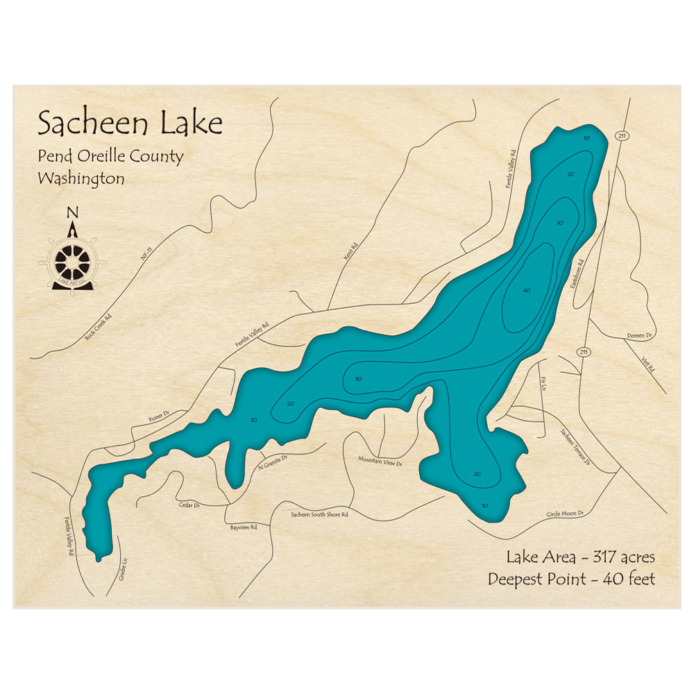 Bathymetric topo map of Sacheen Lake with roads, towns and depths noted in blue water
