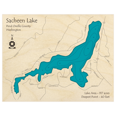Bathymetric topo map of Sacheen Lake with roads, towns and depths noted in blue water