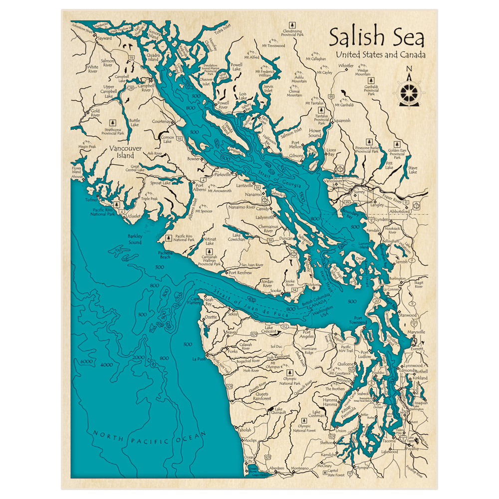 Bathymetric topo map of Salish Sea with roads, towns and depths noted in blue water