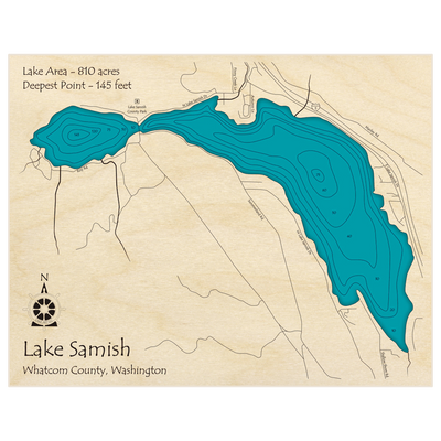 Bathymetric topo map of Lake Samish with roads, towns and depths noted in blue water