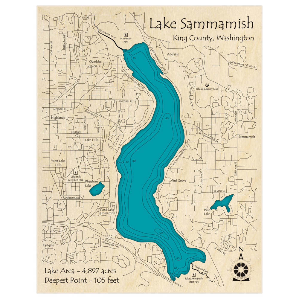 Bathymetric topo map of Lake Sammamish with roads, towns and depths noted in blue water