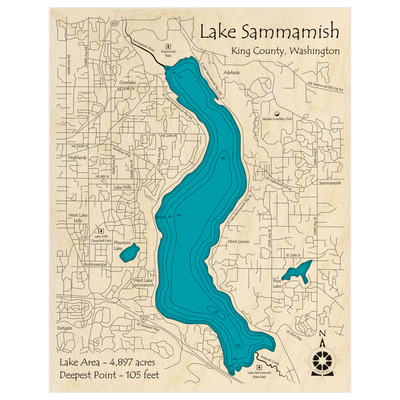 Bathymetric topo map of Lake Sammamish with roads, towns and depths noted in blue water