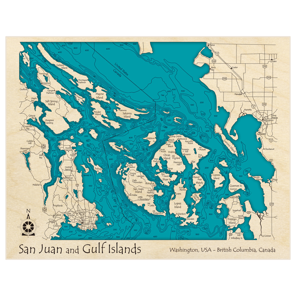 Bathymetric topo map of San Juan and Gulf Islands with roads, towns and depths noted in blue water