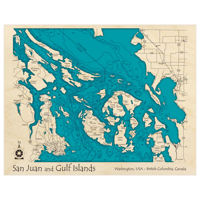 Bathymetric topo map of San Juan and Gulf Islands with roads, towns and depths noted in blue water