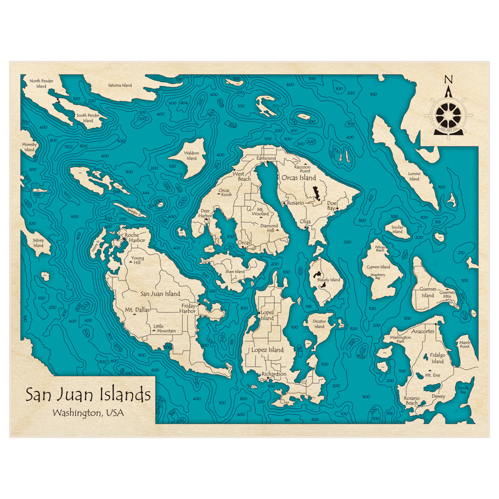 Bathymetric topo map of San Juan Island Lopez Island Orcas Island Shaw Island with roads, towns and depths noted in blue water