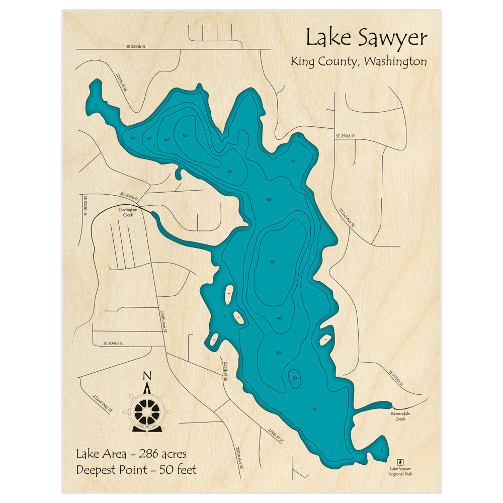 Bathymetric topo map of Lake Sawyer with roads, towns and depths noted in blue water