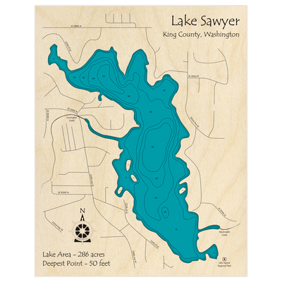 Bathymetric topo map of Lake Sawyer with roads, towns and depths noted in blue water