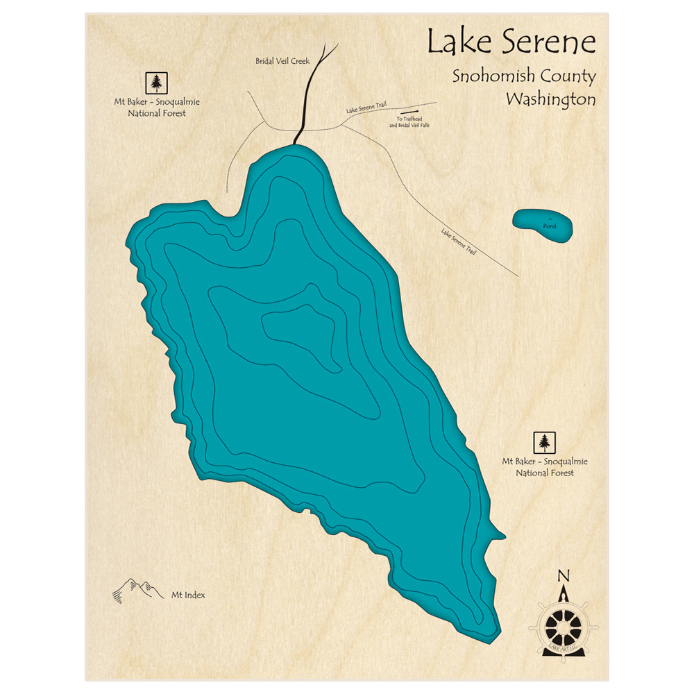 Bathymetric topo map of Lake Serene (near town of Gold Bar) with roads, towns and depths noted in blue water