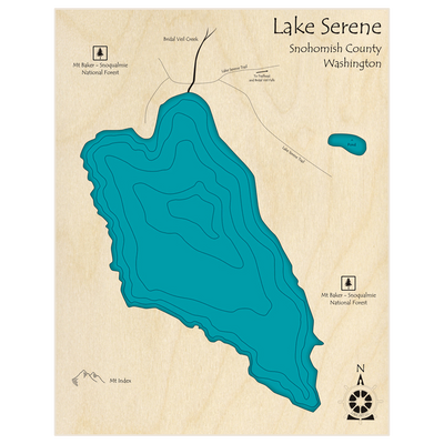 Bathymetric topo map of Lake Serene (near town of Gold Bar) with roads, towns and depths noted in blue water
