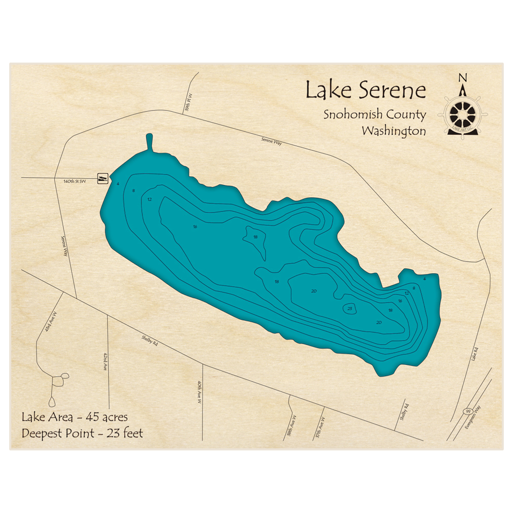 Bathymetric topo map of Lake Serene (near Lynnwood) with roads, towns and depths noted in blue water