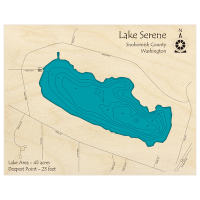 Bathymetric topo map of Lake Serene (near Lynnwood) with roads, towns and depths noted in blue water