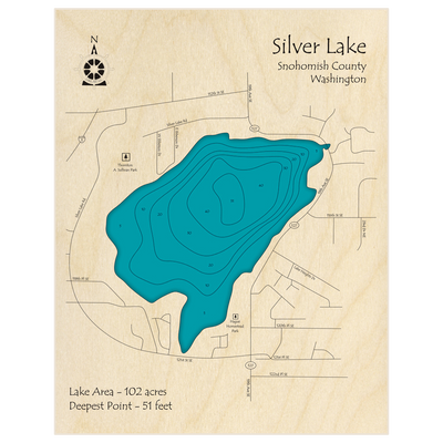 Bathymetric topo map of Silver Lake with roads, towns and depths noted in blue water
