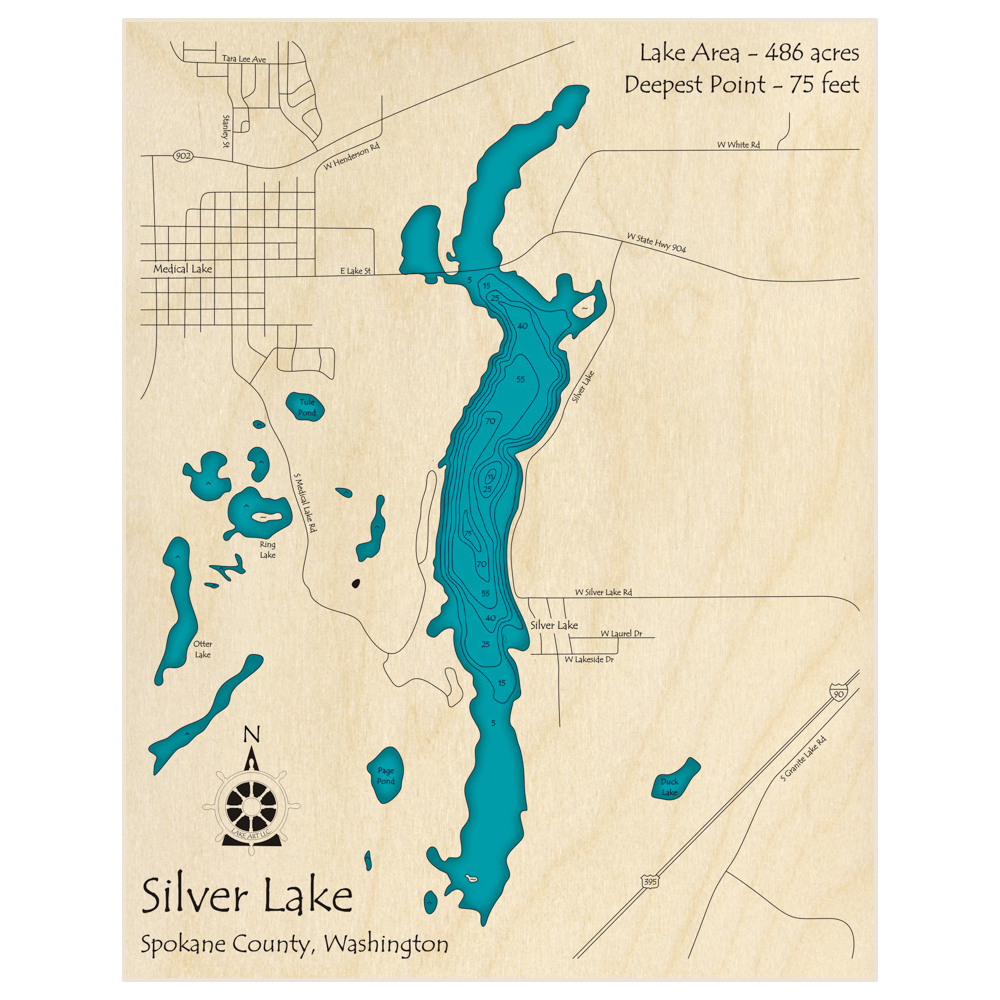 Bathymetric topo map of Silver Lake with roads, towns and depths noted in blue water