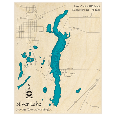 Bathymetric topo map of Silver Lake with roads, towns and depths noted in blue water