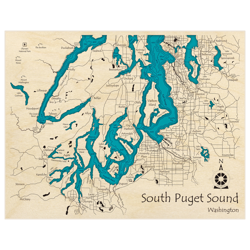 Bathymetric topo map of South Puget Sound with roads, towns and depths noted in blue water