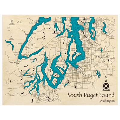Bathymetric topo map of South Puget Sound with roads, towns and depths noted in blue water