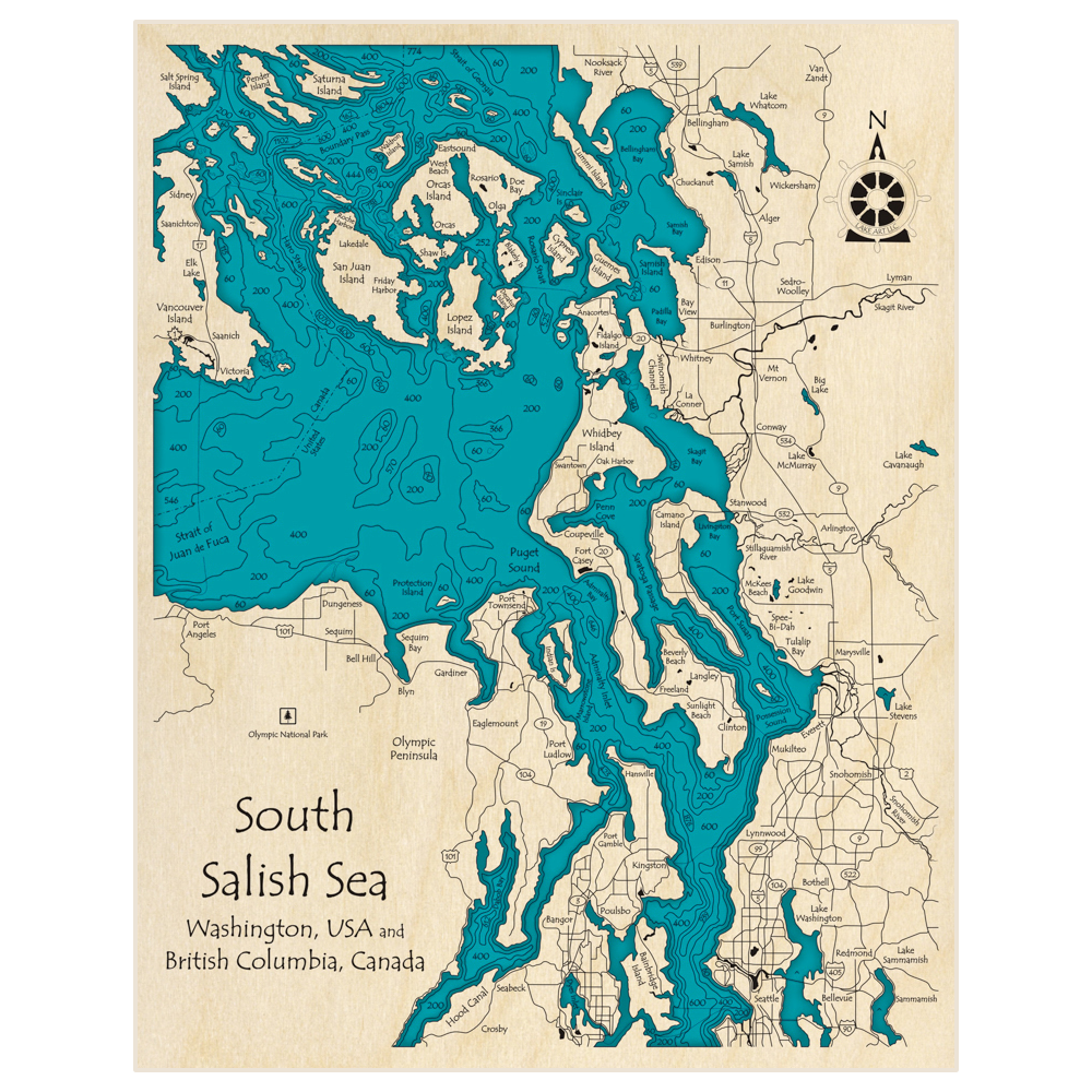 Bathymetric topo map of South Salish Sea with roads, towns and depths noted in blue water