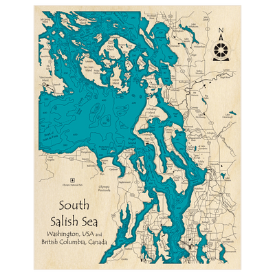 Bathymetric topo map of South Salish Sea with roads, towns and depths noted in blue water