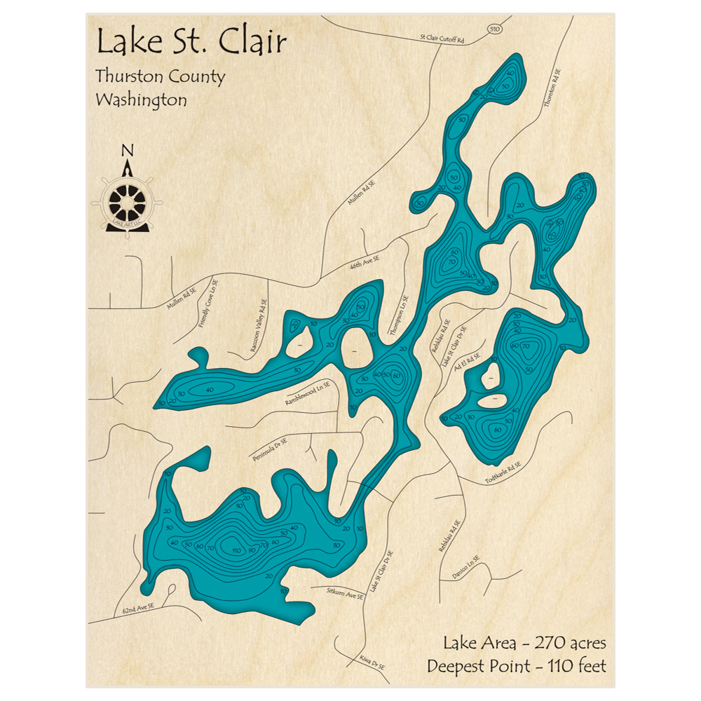 Bathymetric topo map of Lake St Clair with roads, towns and depths noted in blue water