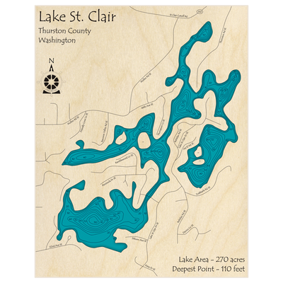 Bathymetric topo map of Lake St Clair with roads, towns and depths noted in blue water