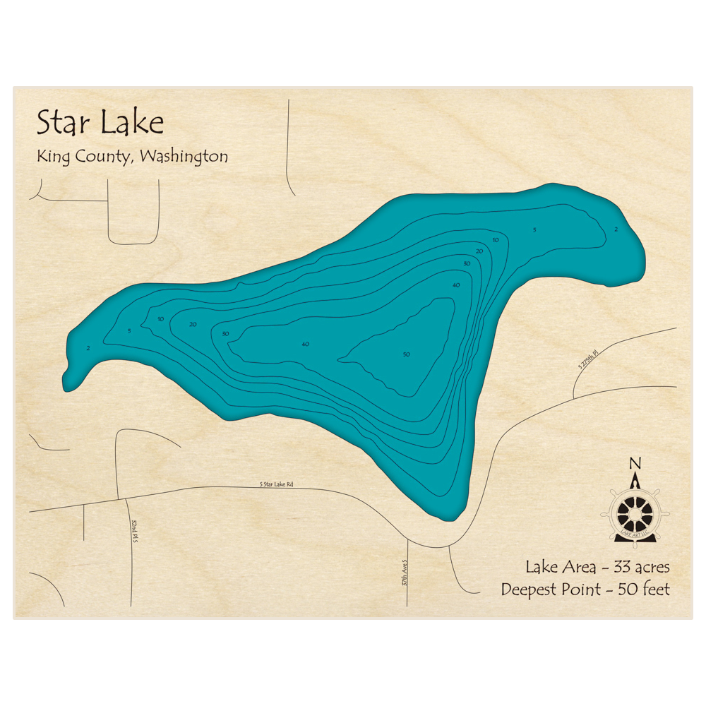 Bathymetric topo map of Star Lake with roads, towns and depths noted in blue water