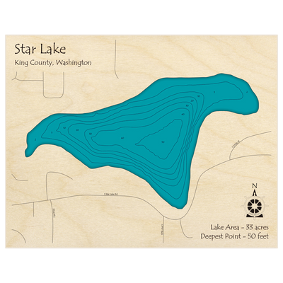 Bathymetric topo map of Star Lake with roads, towns and depths noted in blue water