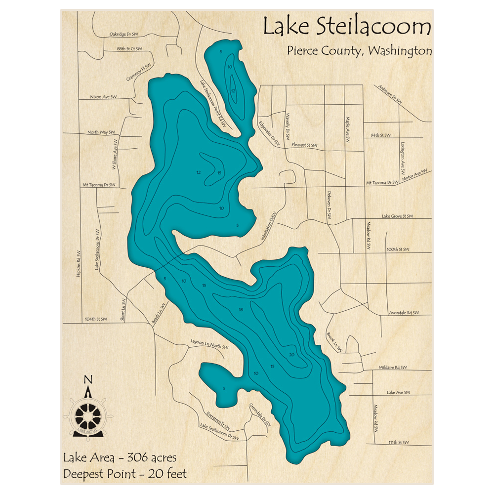 Bathymetric topo map of Lake Steilacoom with roads, towns and depths noted in blue water