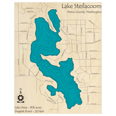 Bathymetric topo map of Lake Steilacoom with roads, towns and depths noted in blue water