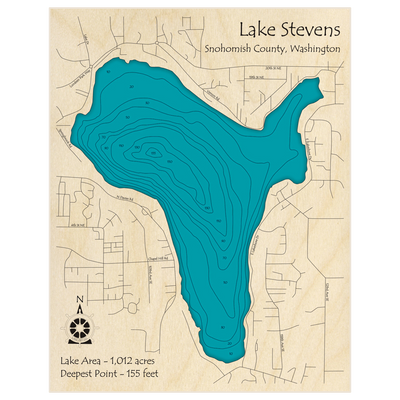 Bathymetric topo map of Lake Stevens with roads, towns and depths noted in blue water