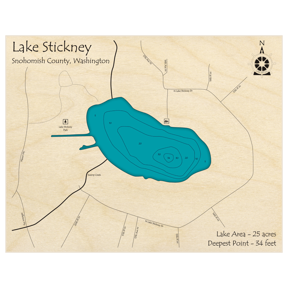 Bathymetric topo map of Lake Stickney with roads, towns and depths noted in blue water