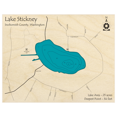 Bathymetric topo map of Lake Stickney with roads, towns and depths noted in blue water