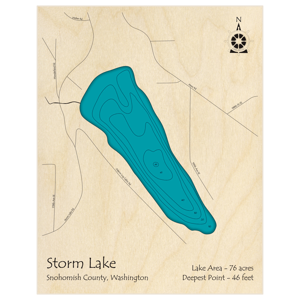 Bathymetric topo map of Storm Lake with roads, towns and depths noted in blue water