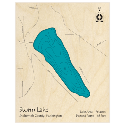 Bathymetric topo map of Storm Lake with roads, towns and depths noted in blue water
