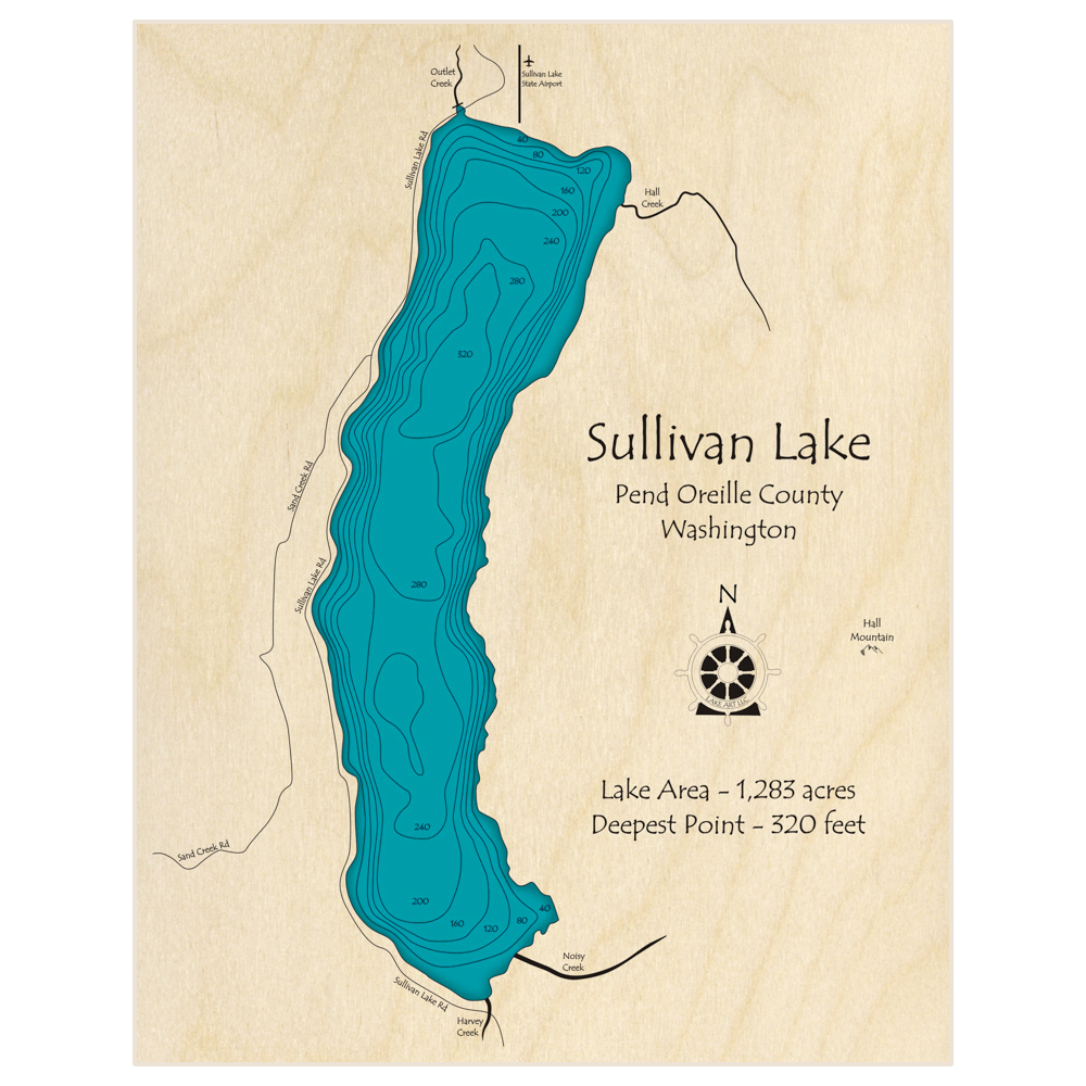 Bathymetric topo map of Sullivan Lake with roads, towns and depths noted in blue water