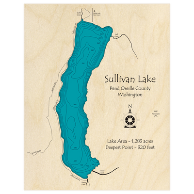 Bathymetric topo map of Sullivan Lake with roads, towns and depths noted in blue water