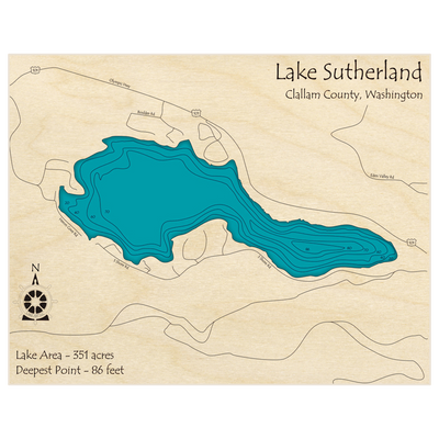 Bathymetric topo map of Lake Sutherland with roads, towns and depths noted in blue water