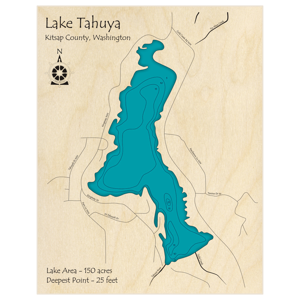 Bathymetric topo map of Tahuya Lake with roads, towns and depths noted in blue water