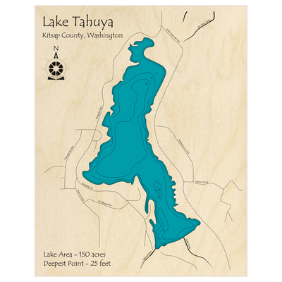 Bathymetric topo map of Tahuya Lake with roads, towns and depths noted in blue water
