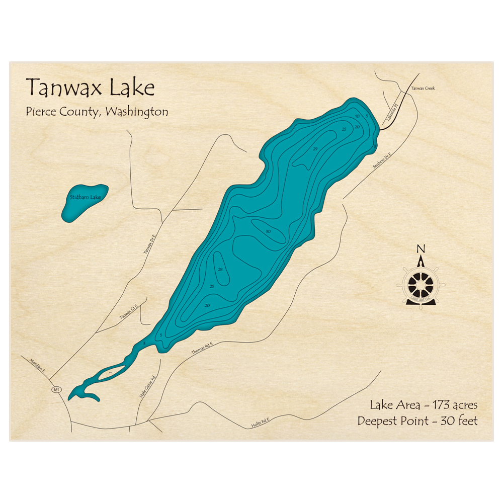 Bathymetric topo map of Tanwax Lake with roads, towns and depths noted in blue water