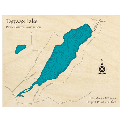 Bathymetric topo map of Tanwax Lake with roads, towns and depths noted in blue water