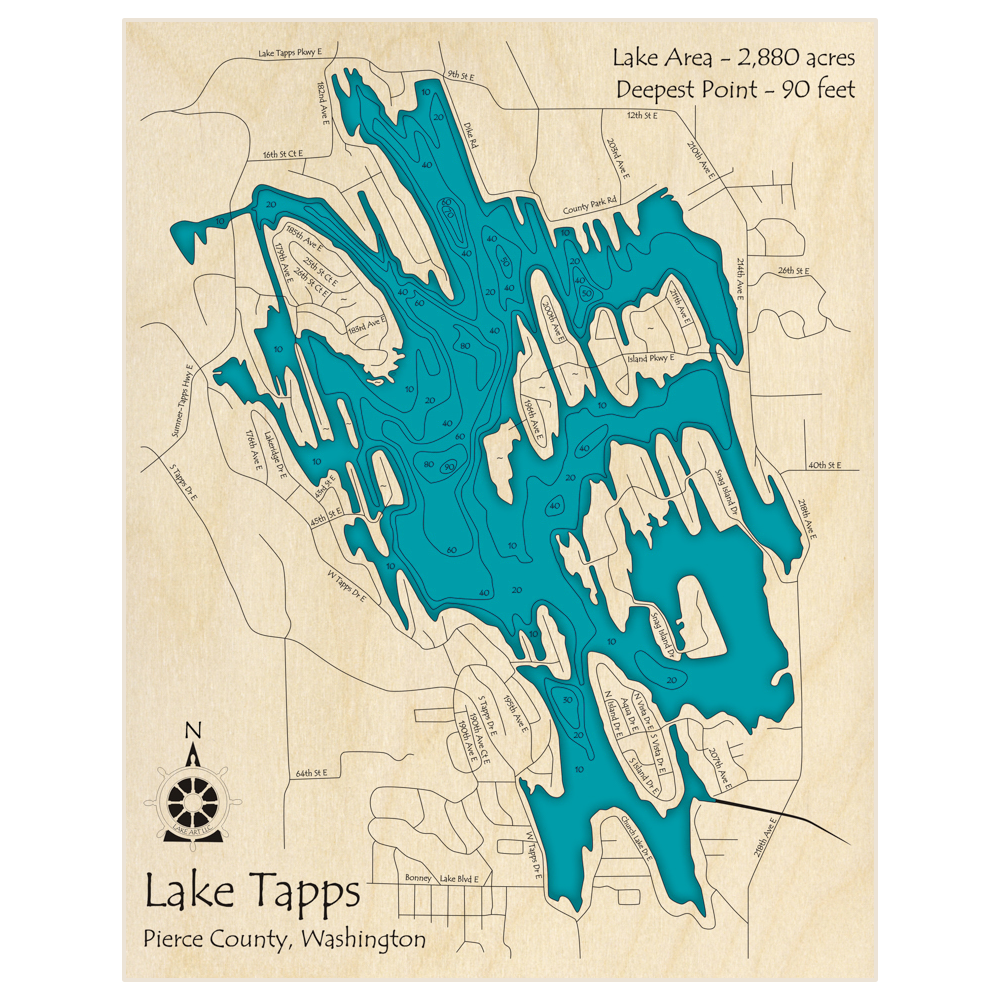 Bathymetric topo map of Lake Tapps with roads, towns and depths noted in blue water