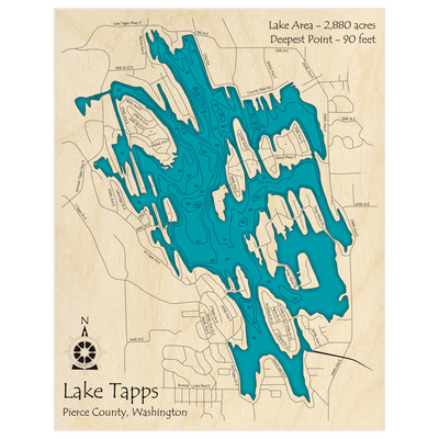 Bathymetric topo map of Lake Tapps with roads, towns and depths noted in blue water