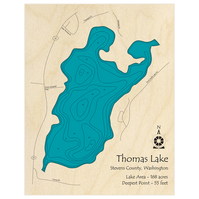 Bathymetric topo map of Thomas Lake with roads, towns and depths noted in blue water