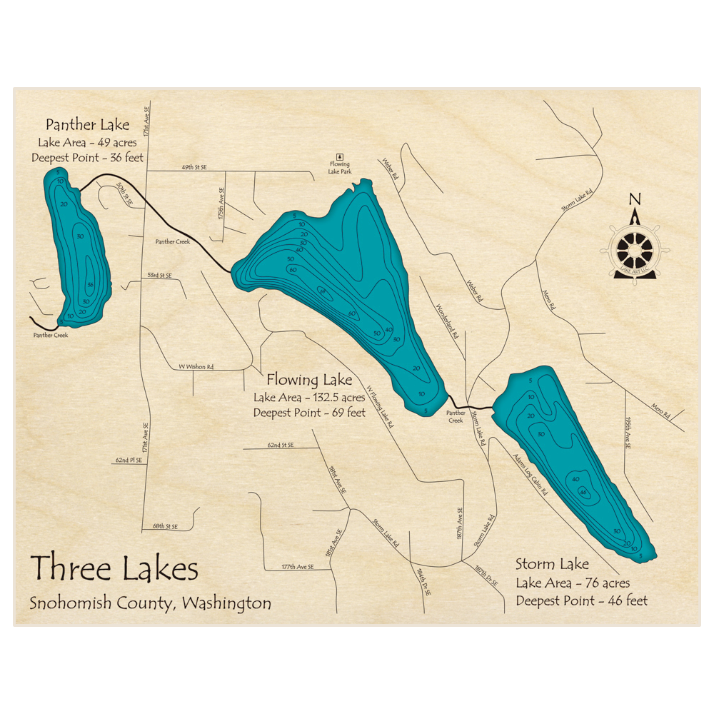 Bathymetric topo map of Three Lakes (Panther Flowing Storm) with roads, towns and depths noted in blue water
