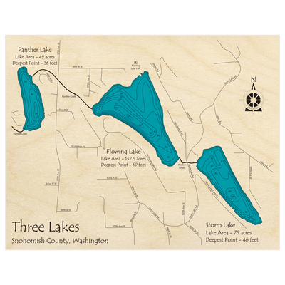 Bathymetric topo map of Three Lakes (Panther Flowing Storm) with roads, towns and depths noted in blue water